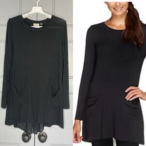 Logo Black Long Sleeve Tunic Top Front Pockets Pullover Size Small